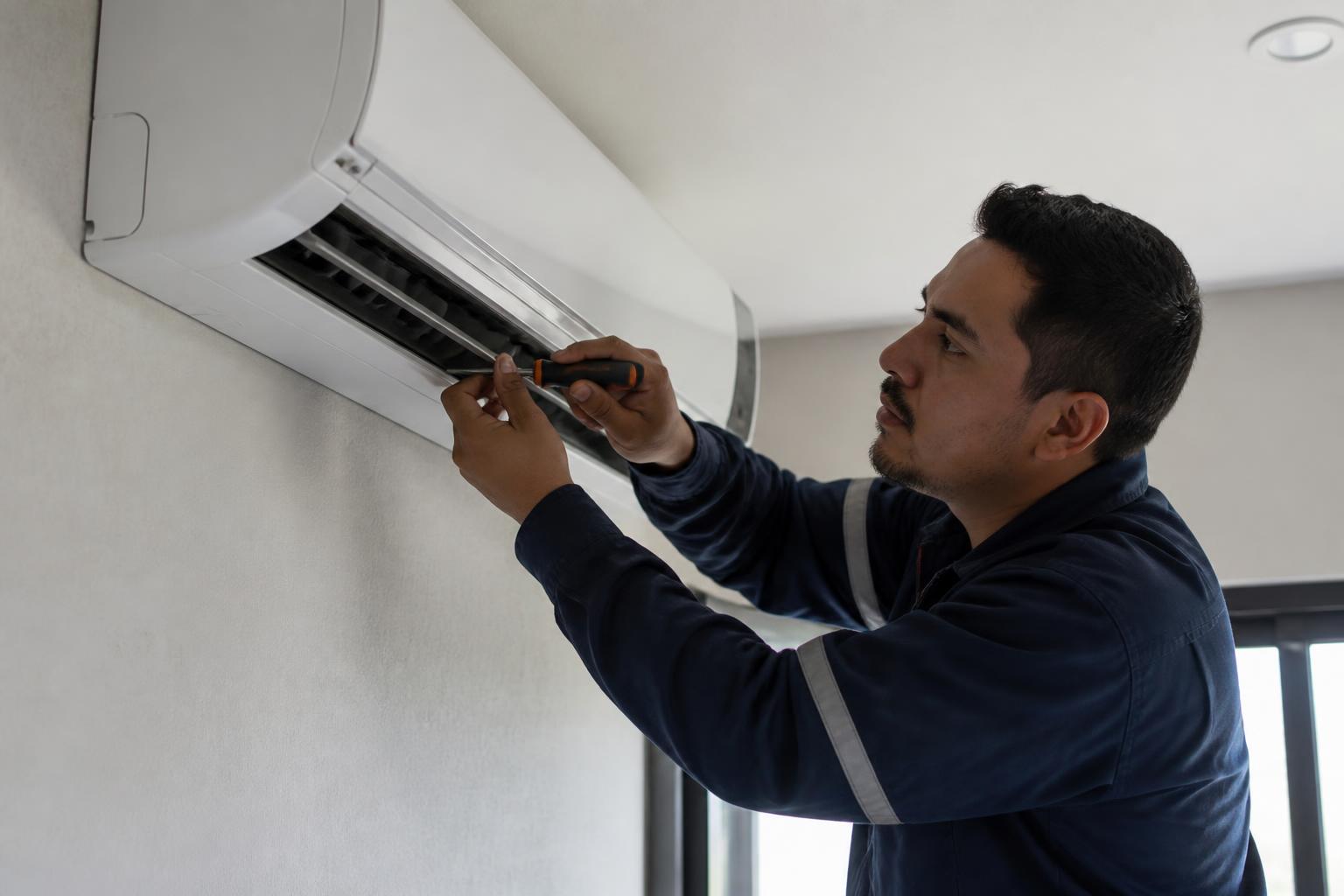 Servicio de aire acondicionado en Chihuahua con técnico revisando minisplit